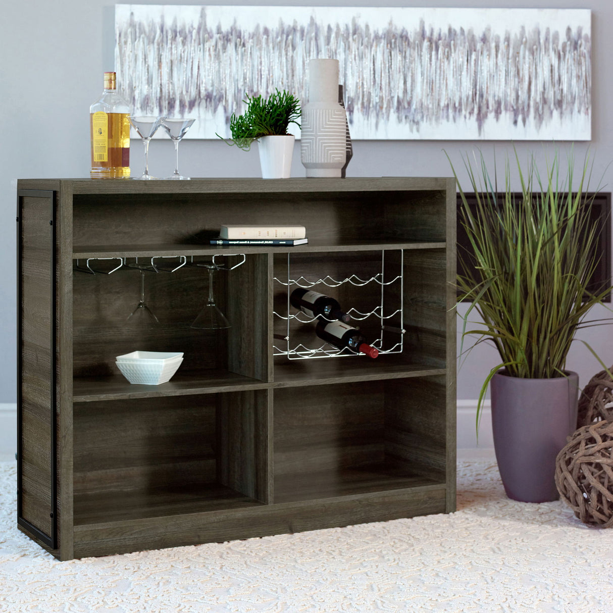 Garrison - 5 Shelf Home Bar Wine Cabinet With Stemware Racks And 12 Bottle Wine Storage - Oak