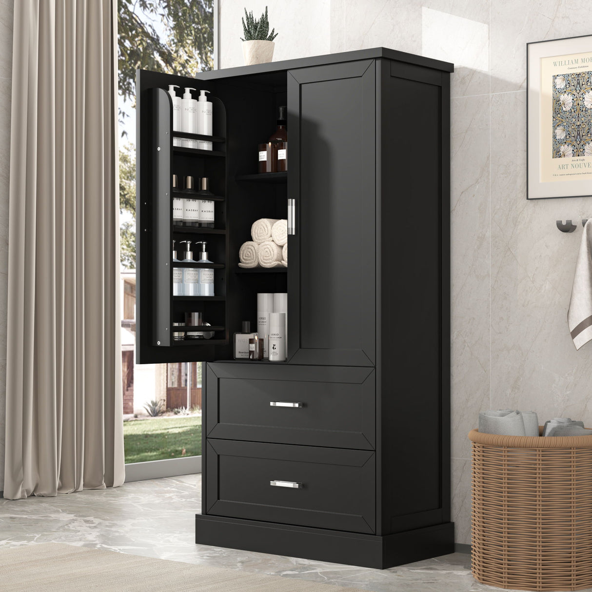 Tall Bathroom Storage Cabinet With 2 Doors And Drawers, Adjustable Shelf