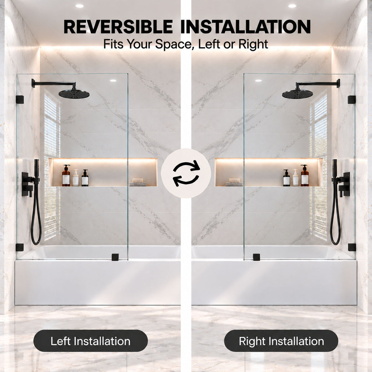 Frameless Bathtub Shower Screen, Reversible Installation