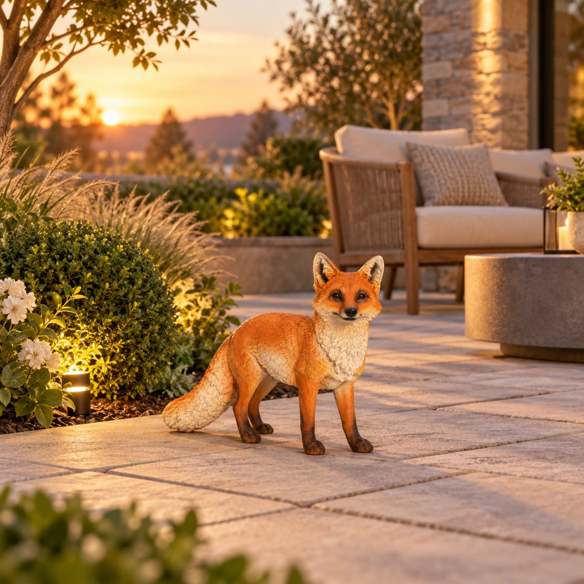 Realistic Red Fox Garden Statue, Wildlife Sculpture For Outdoor Decor - Brown