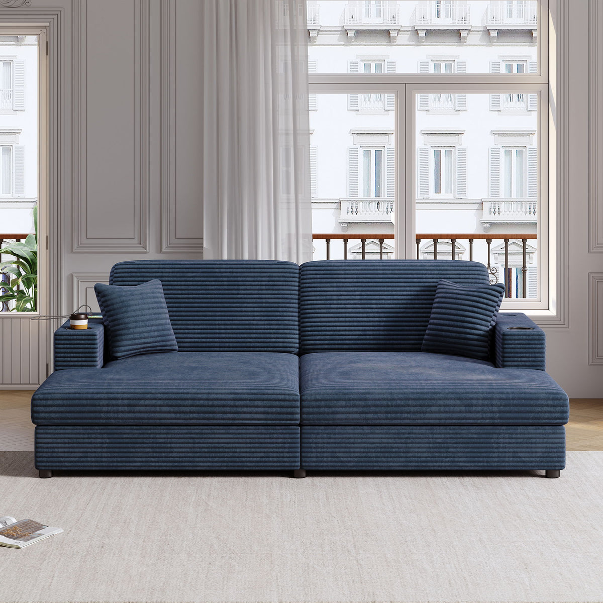Oversized Loveseat Chaise With 2 USB Ports, 2 Cup Holders And 2 Throw Pillows