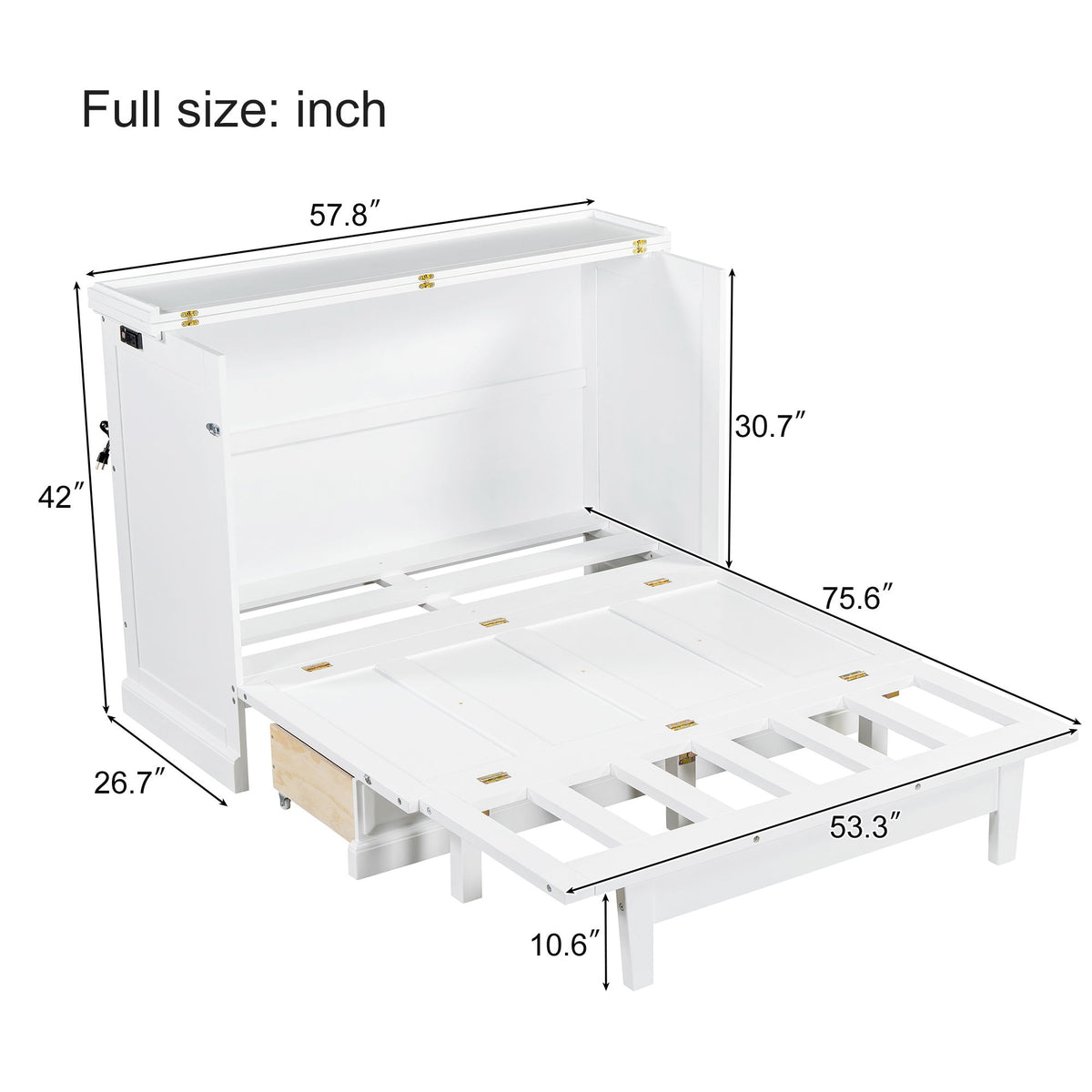 Full Solid Pine Murphy Bed Chest Cube Cabinet Bed With Charging Station And Large Storage Drawer For Home Office Or Small Room - White