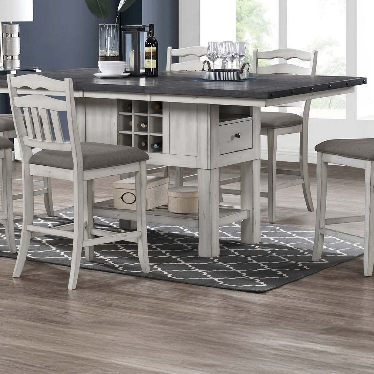 7 Piece Counter Height Dining Set With Storage Base And Ladder Back Chairs - Antique White / Gray