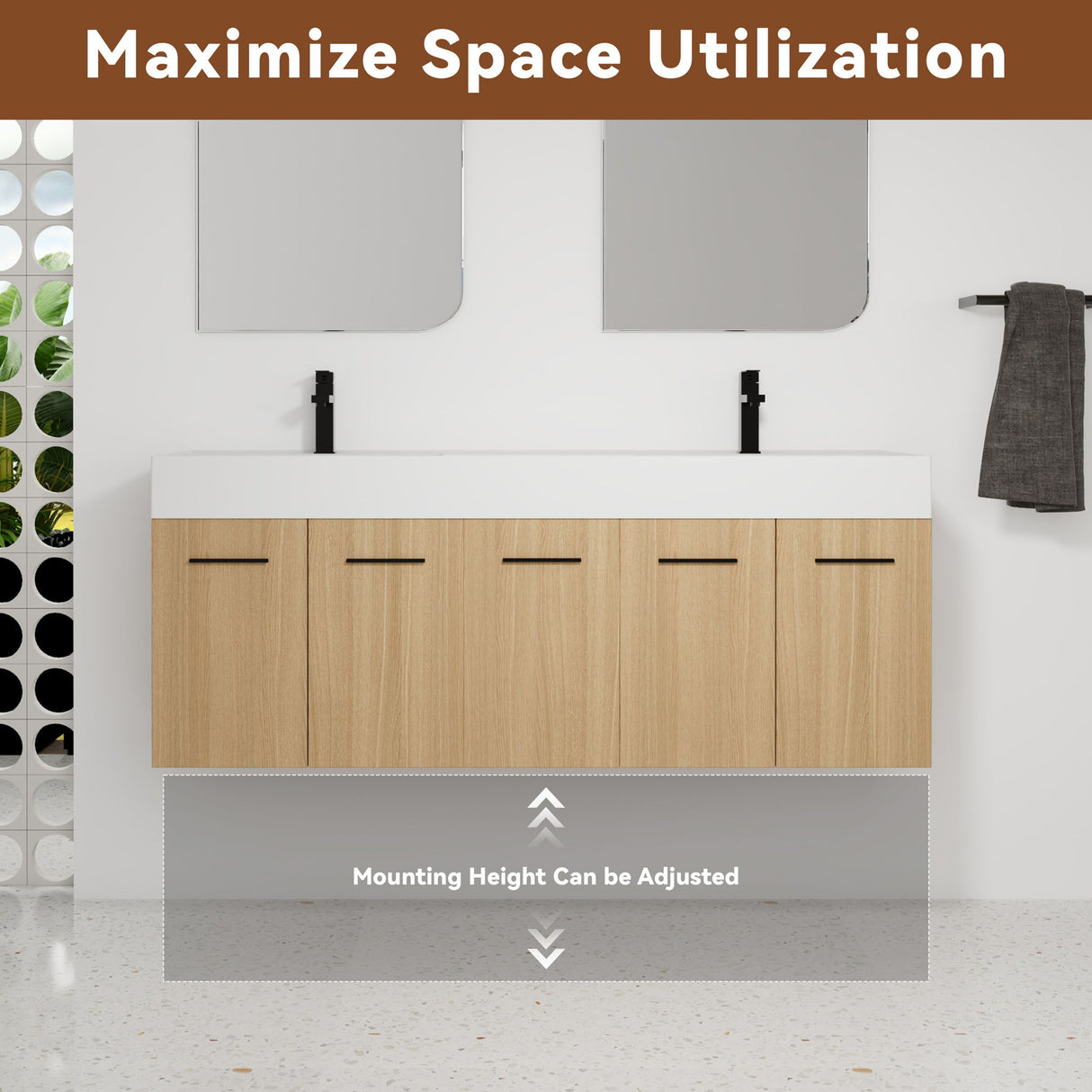 Floating Double Sink Bathroom Vanity With Extra Large Storage, Integrated Sink, Soft Close Doors, Wall Mounted Bath Vanity - Glossy White / Light Oak