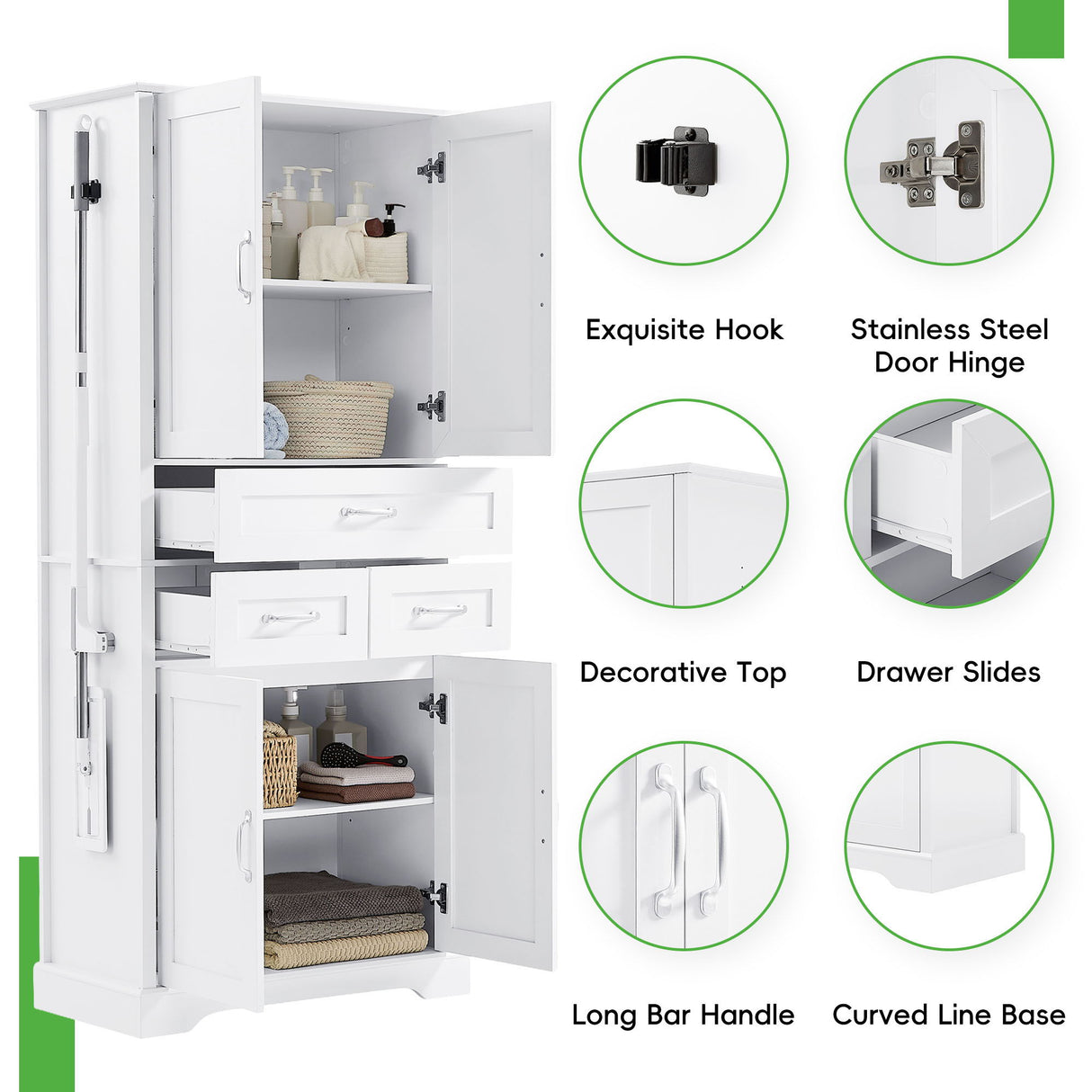 Tall Bathroom Storage Cabinet With 4 Doors 3 Drawers Adjustable Shelves - White