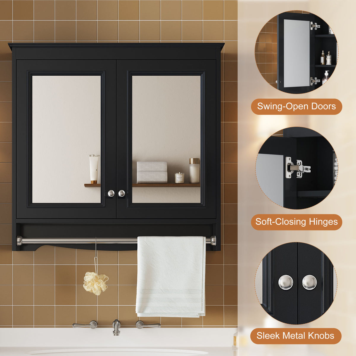 Wall Mounted Mirror Cabinet With Adjustable Shelves, Soft Close Doors, High Definition Mirror - Black