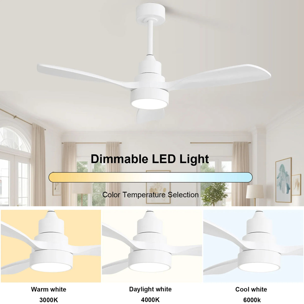 48" Ceiling Fan With Dimmable 3Cct LED Light, DC Motor, Reversible - White