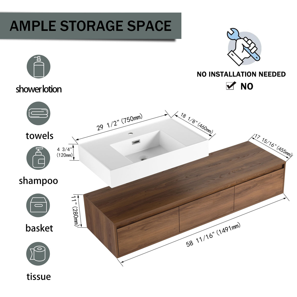 Modern Wall Mounted Bathroom Vanity With Resin Sink And Soft Close Drawer - Brown Ebony
