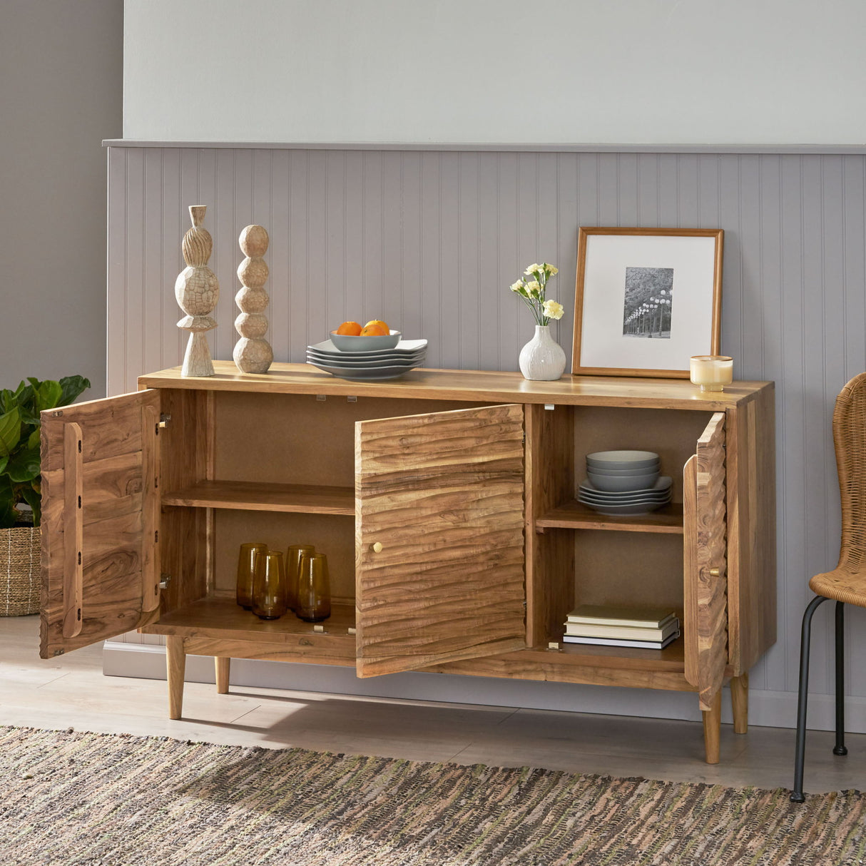 Handcrafted Sideboard Buffet Cabinet with Carved Texture Acacia Wood 58x32in Natural