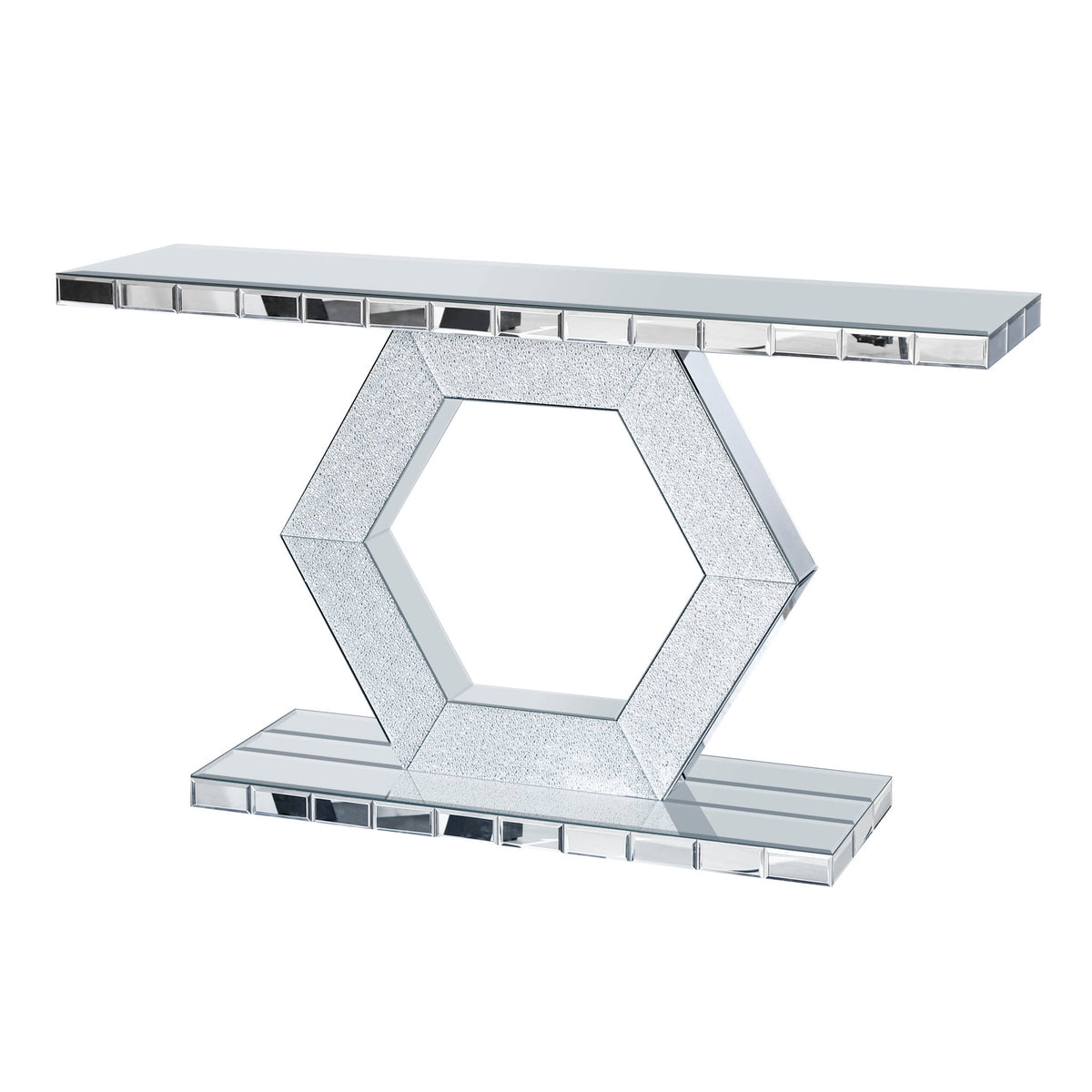 Sparkling Crystal Hexagon Mirror Entryway Premium Modern Foyer Console Table With Diamond Glass Effects, Dual Tier Luxury Sofa Table - Silver