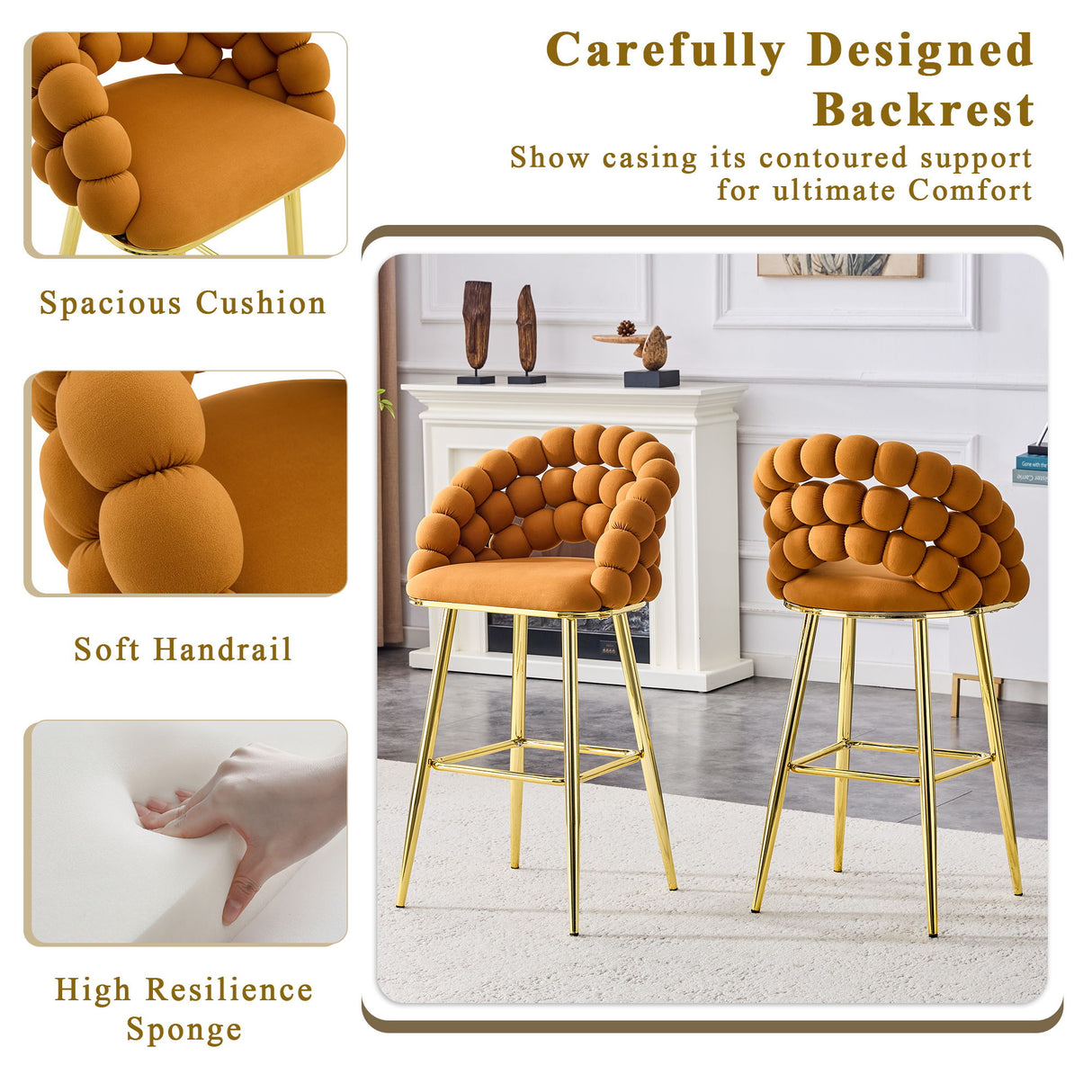 Bubble, Ball Chain Tufted Bar Chairs For Kitchen Island & Home Bar (Set of 2)