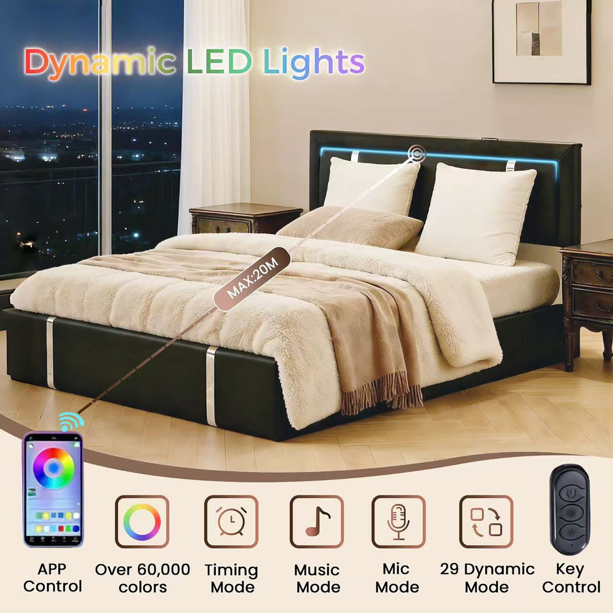 Upholstered Platform Bed Frame With Adjustable LED Headboard, USB C-Charging, Hydraulic Lift