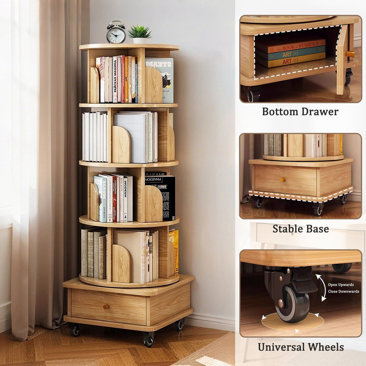 Rotating Bookshelf With Wheels And Drawer, 360° Spinning Design, Space Saving Storage