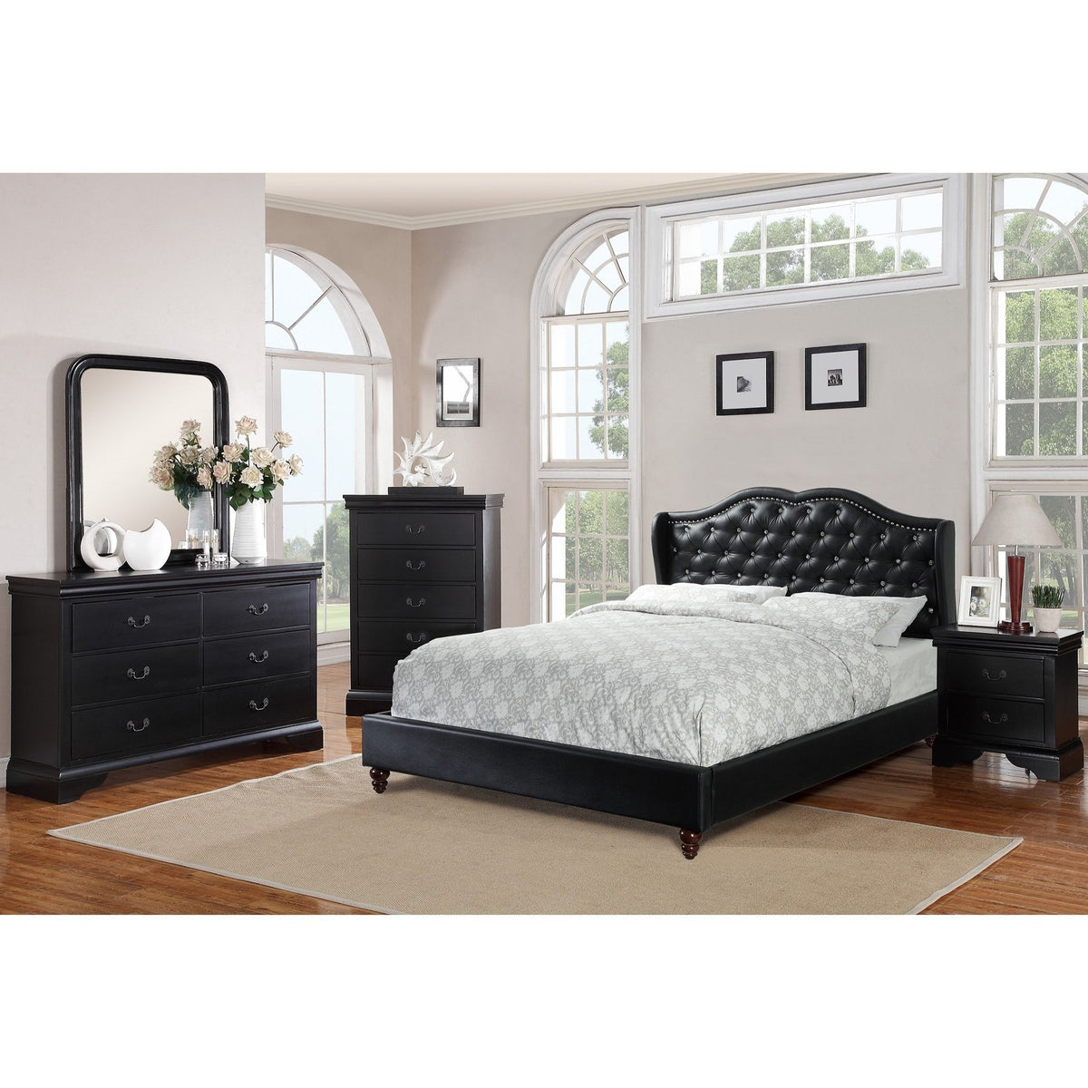 Eastern King Size Bed Set With Curved Wingback Headboard, Button Tufted Upholstered, Frame With Slats - Black