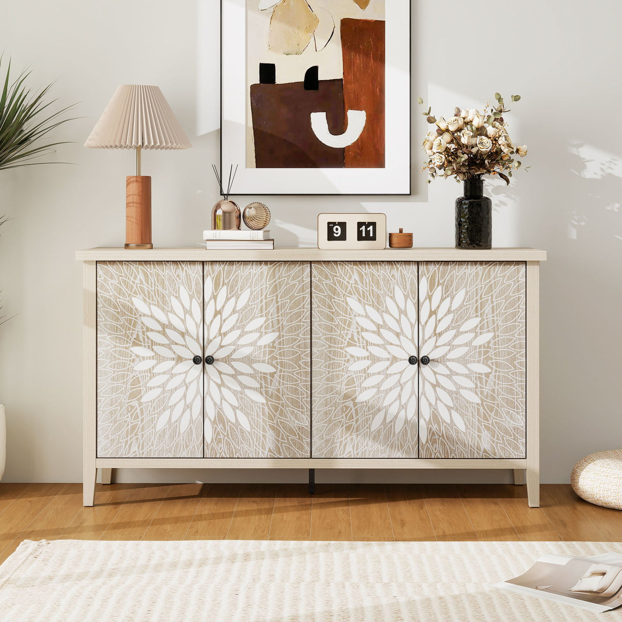 Sideboard Buffet Cabinet Carved 4 Door Storage 58in x 32in
