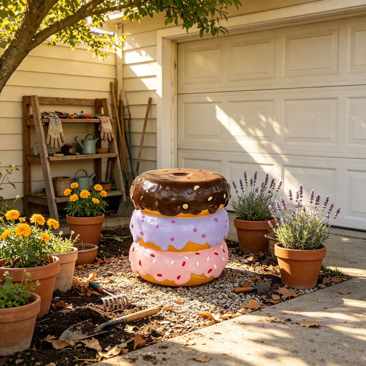Stacked Donut Stool With Sprinkles Detail, Figurine Seat For Indoor Outdoor Decor - Light Natural