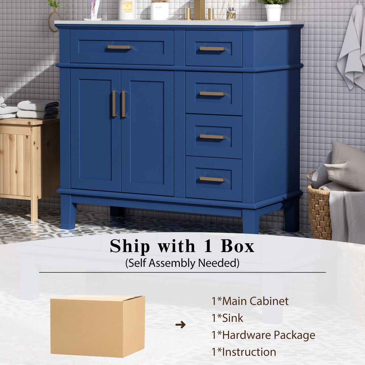 Modern Bathroom Vanity With Ceramic Sink, Soft Close Storage Cabinet