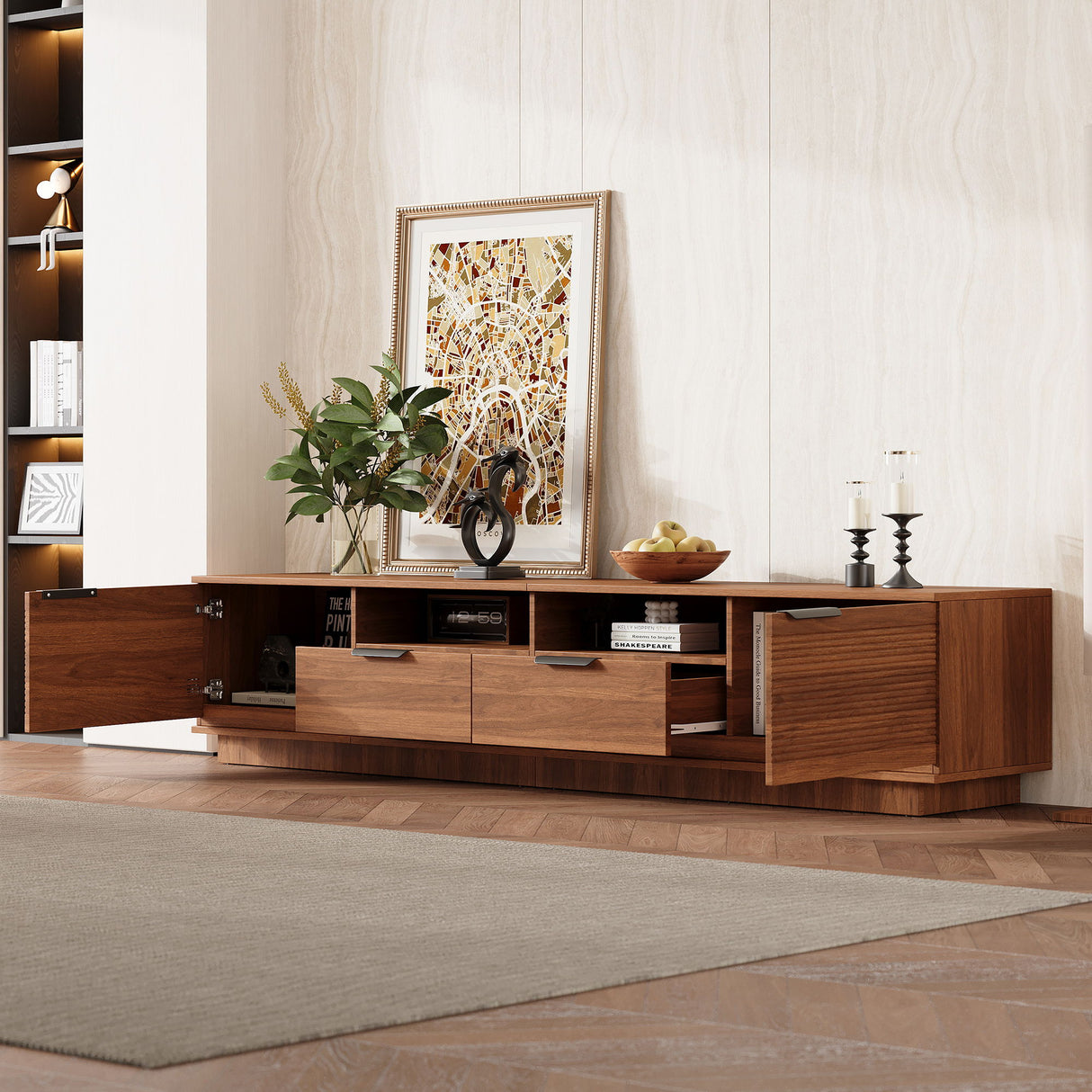 TV Stand, Entertainment Center With Deep Drawers, Cable Management & Soft Closing Hinges