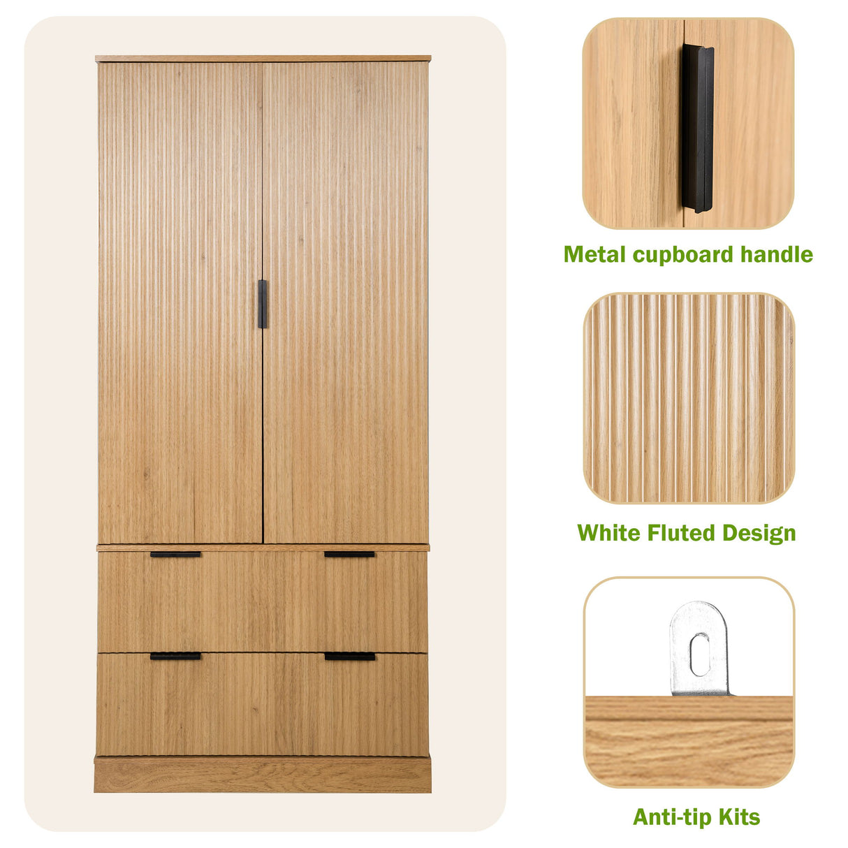 Fluted Kitchen Pantry Cabinet With 2 Large Drawers & 8 Door Spice Rack Freestanding Storage Organizer - Oak
