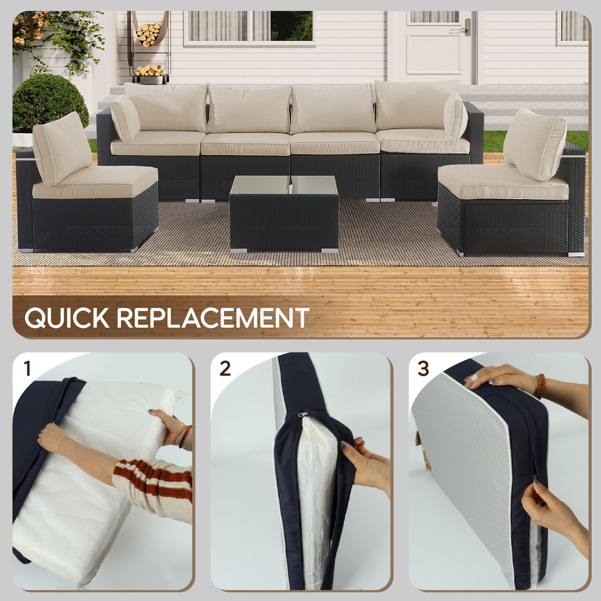 Cushion Covers For 7 Piece Wicker Sectional Sofa, 14 Pack Seat And Back Slipcovers With Zipper