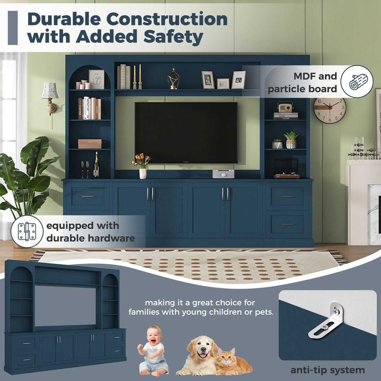 Arched Entertainment Center Wall Unit With Drawers, TV Stand