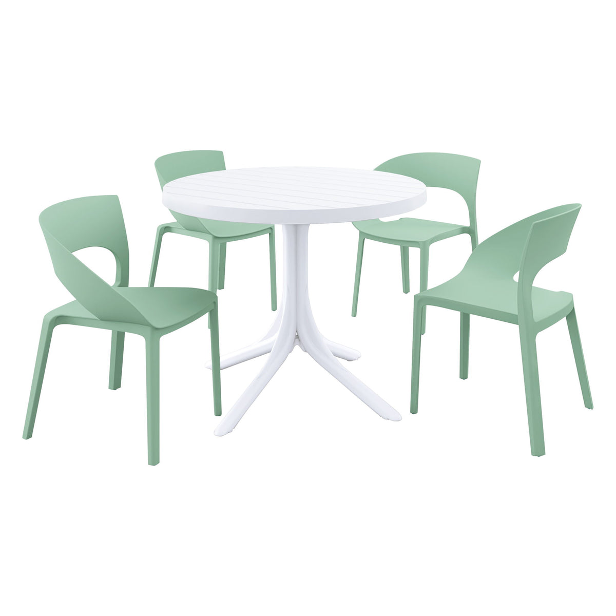 4 Piece Set Of Color Block Designed Single Chairs With Round Table - Haze Green / White