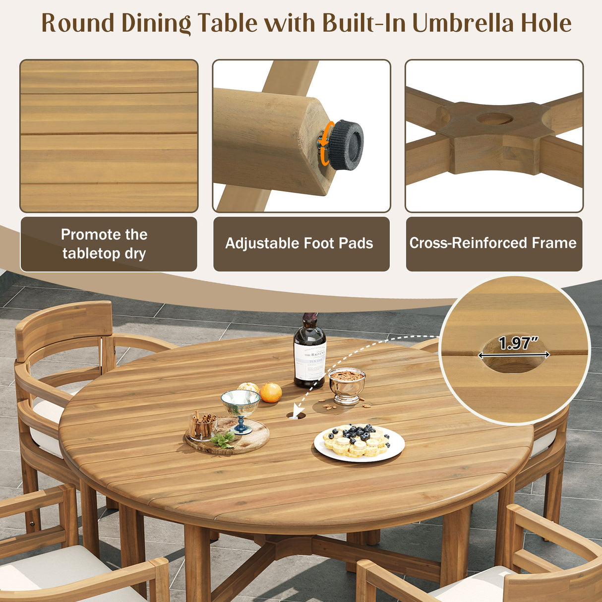 5 Piece Round Patio Table & Cushioned Armrest Chairs, Outdoor Dining Set With Umbrella Hole