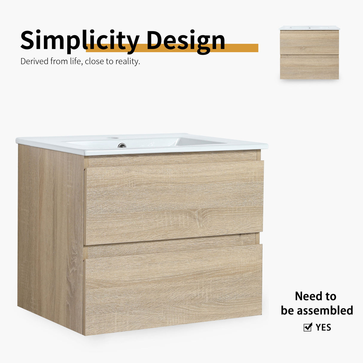 Wall Mounted Bathroom Vanity & Sink, 2 Soft Close Drawers