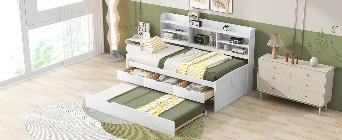 Captain Bed With Built In Bookshelves, 3 Storage Drawers, And Trundle