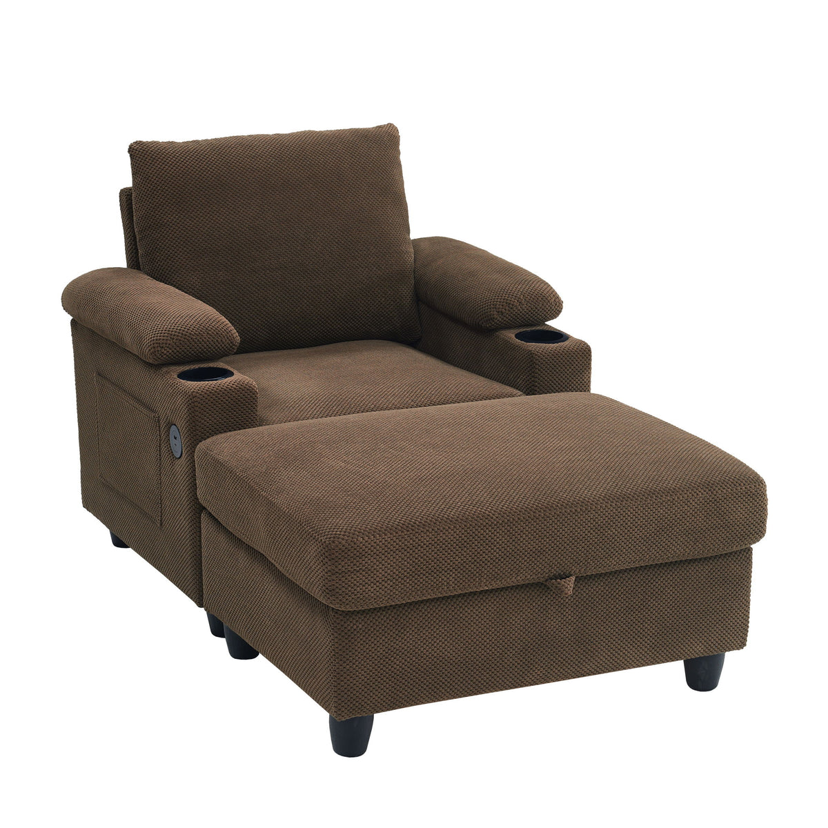 Accent Chair With Storage Ottoman, Reclining Single Chaise Lounge With Cupholders And USB, C Ports