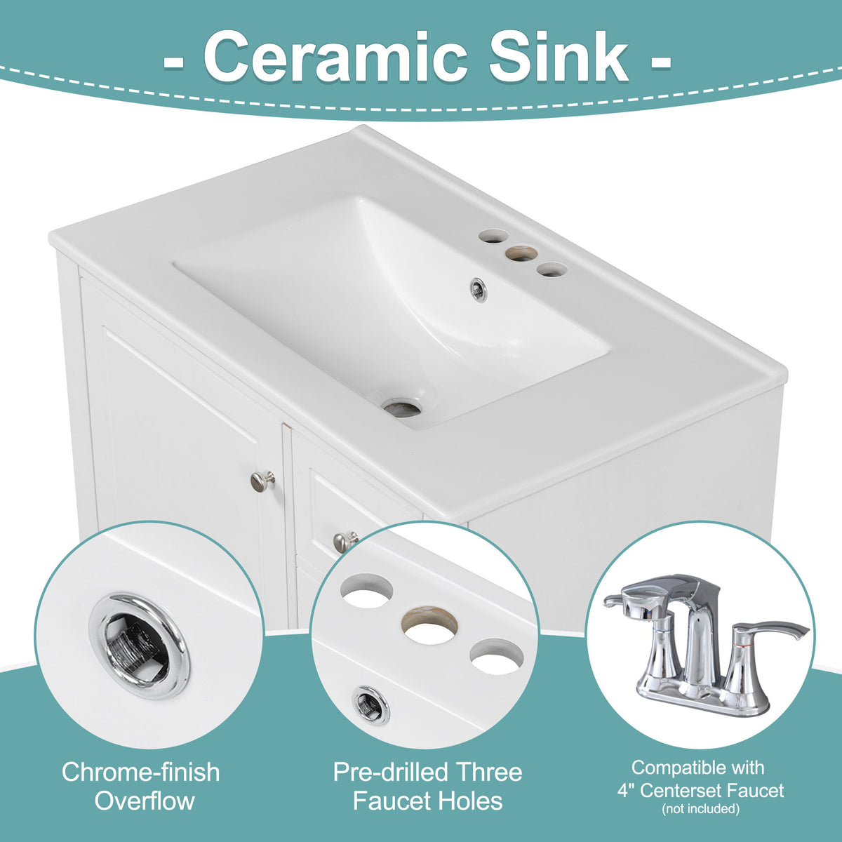 Freestanding Bathroom Vanity With Sink, Soft Close Door, 3 Drawers