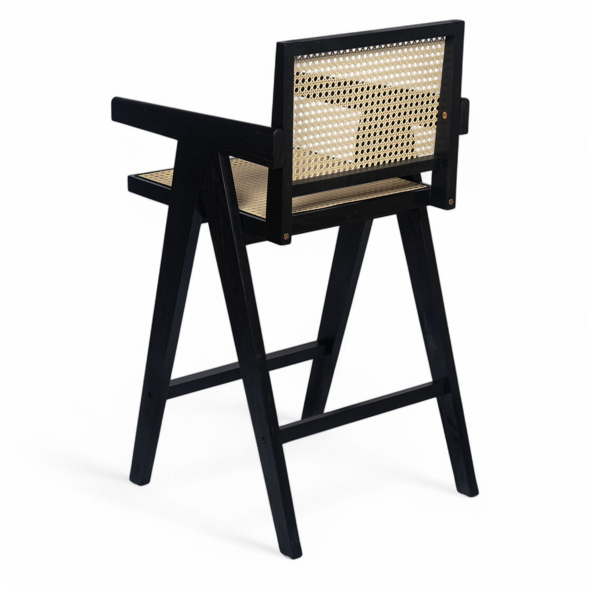 Modern Minimalist Bar Stool With Cane Seat - Black / Natural