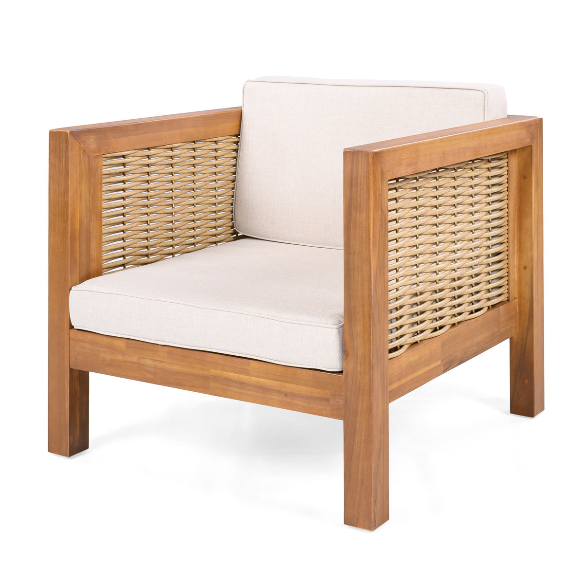 Outdoor Club Chair With Rope Arm And Cushions - Beige / Teak