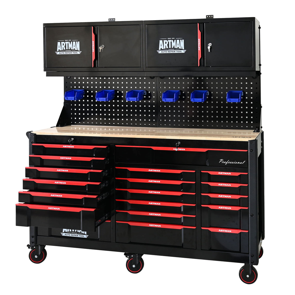 Wall Mounted Double Door Storage Cabinet With Tool Rack And Hooks, Stainless Steel - Black / Red