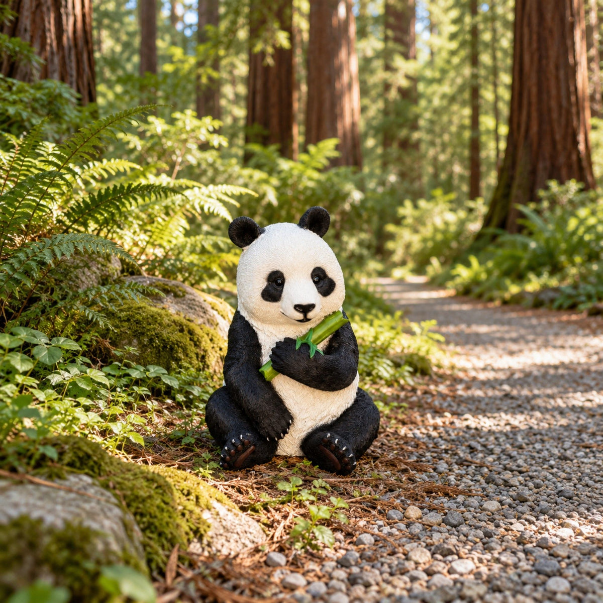 Panda Garden Statue, Sitting Animal Sculpture With Bamboo For Patio - Black White
