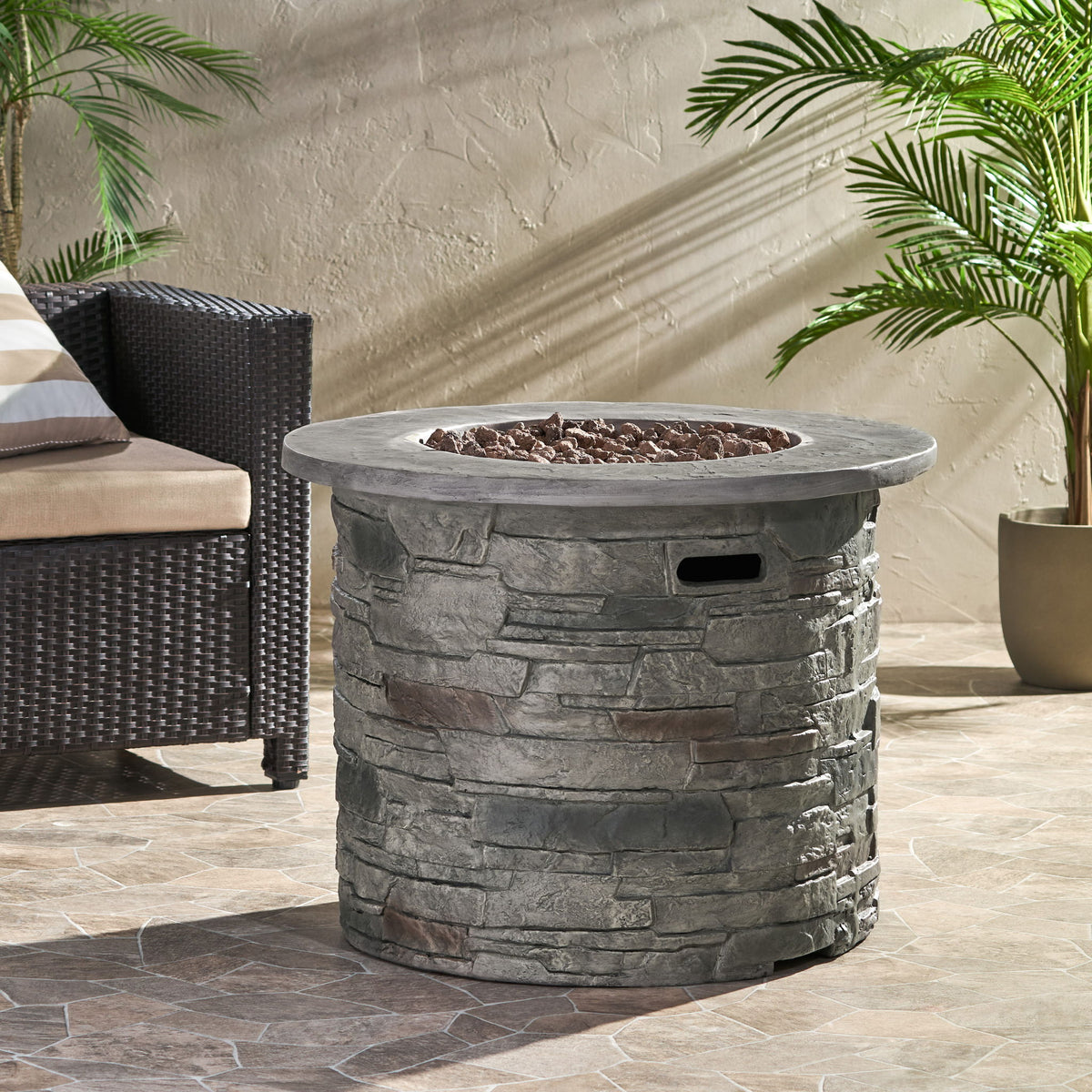 Transitional Outdoor 32" Round Propane Fire Pit Table, Lightweight Concrete Construction - Stone Gray