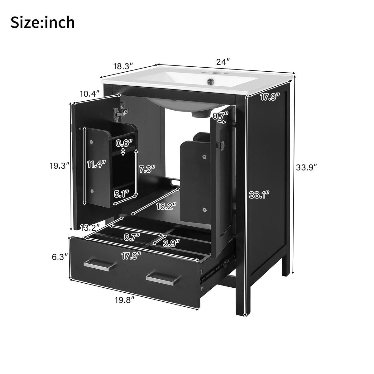 Bathroom Vanity With Integrated Undermount Ceramic Sink, 2 Doors And 1 Drawer, Soft Close Hinges