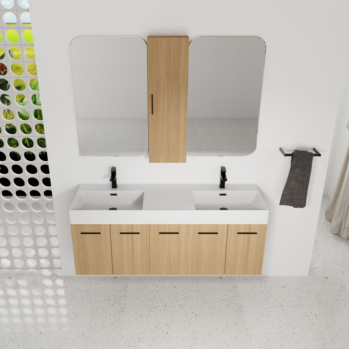 Floating Double Sink Bathroom Vanity Set With Tall Linen Cabinet, Extra Large Storage, Integrated Sink, Soft Close Doors - Glossy White / Light Oak