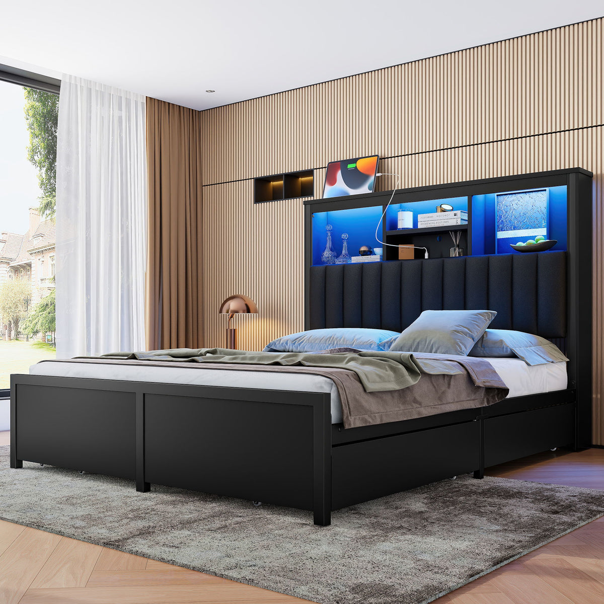 Bed Frame With High Storage Headboard, LED Light And Charging Station, 4 Storage Drawers