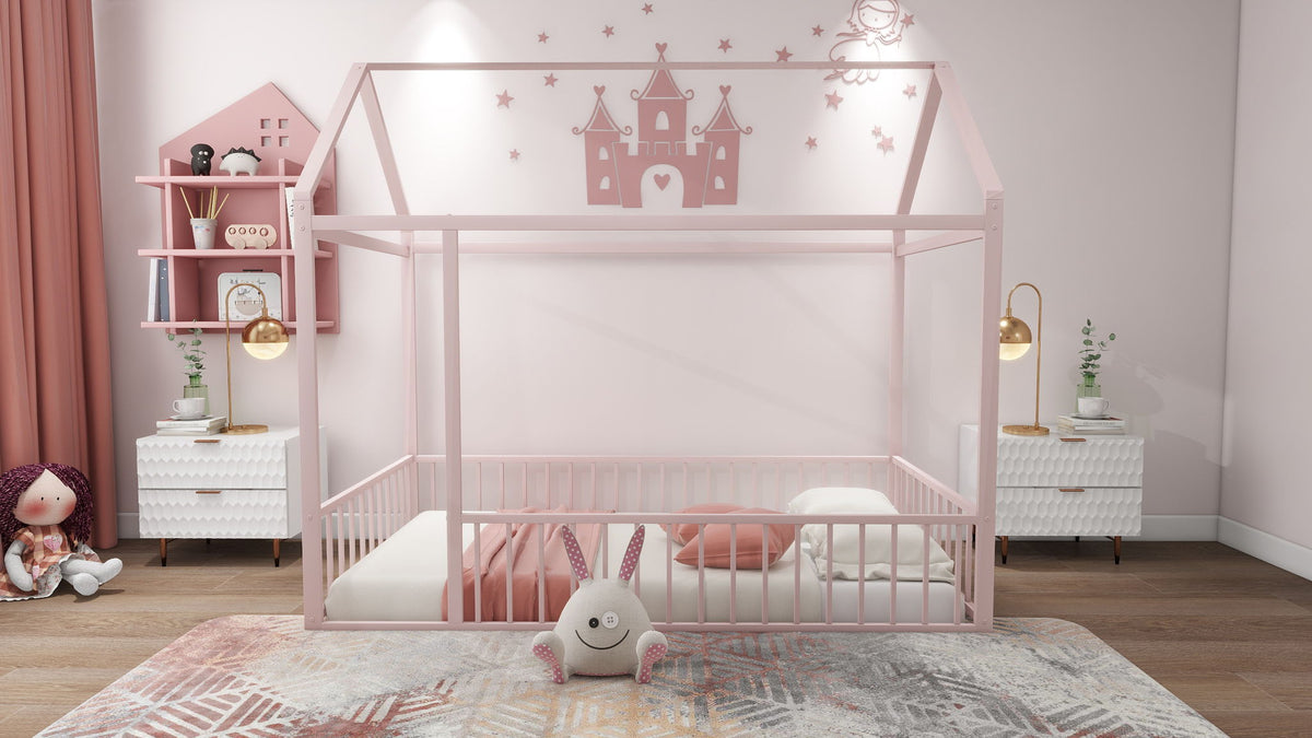 Metal Bed House Bed Frame With Fence