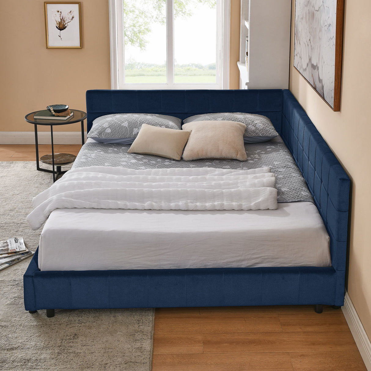 Elegant Design Storage Upholstered Tufted Bed Frame With Backrest And Armrests