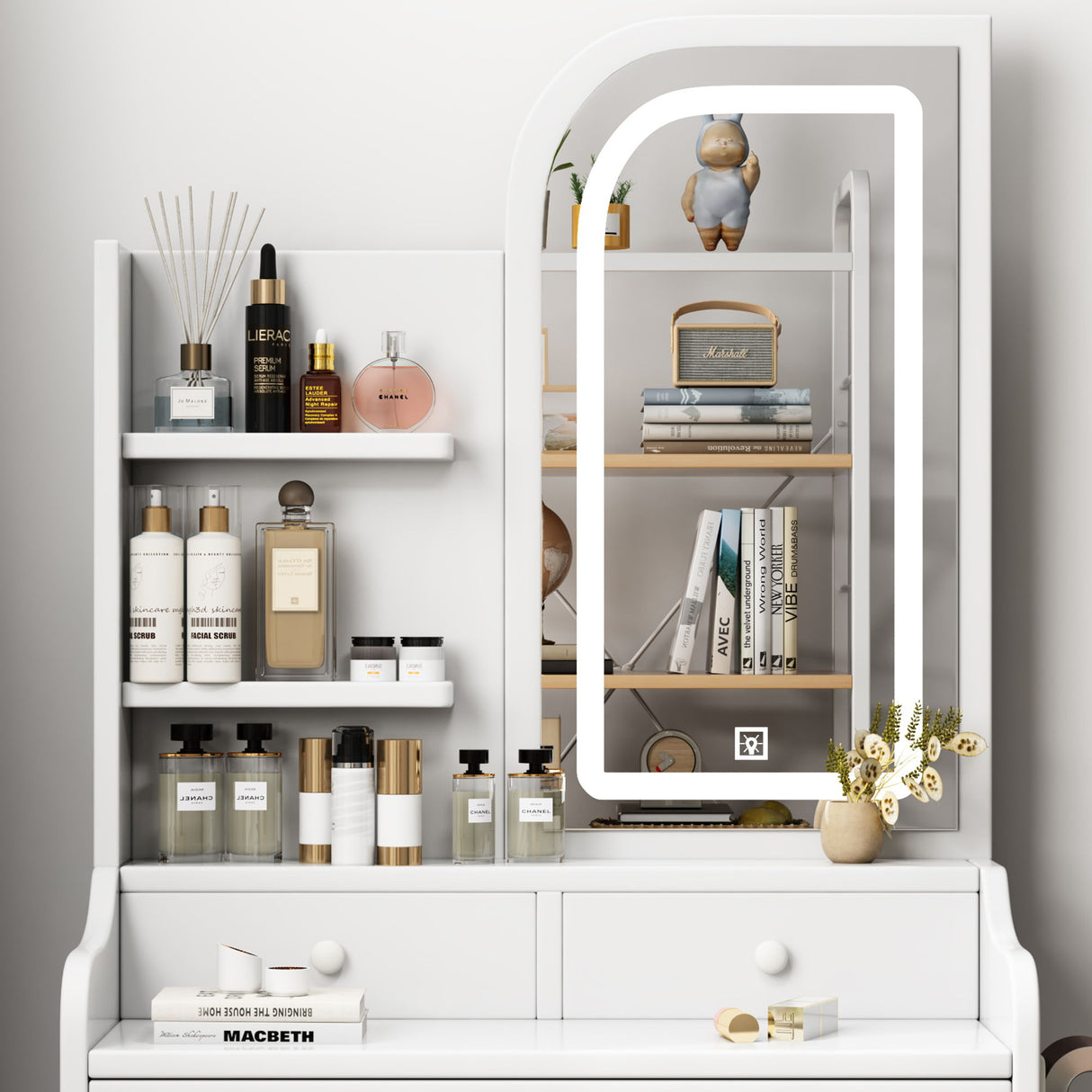 Fashion Vanity Desk With Mirror And Lights For Makeup, Hair Dryer Holder And Chair, Adjustable Lighting - White