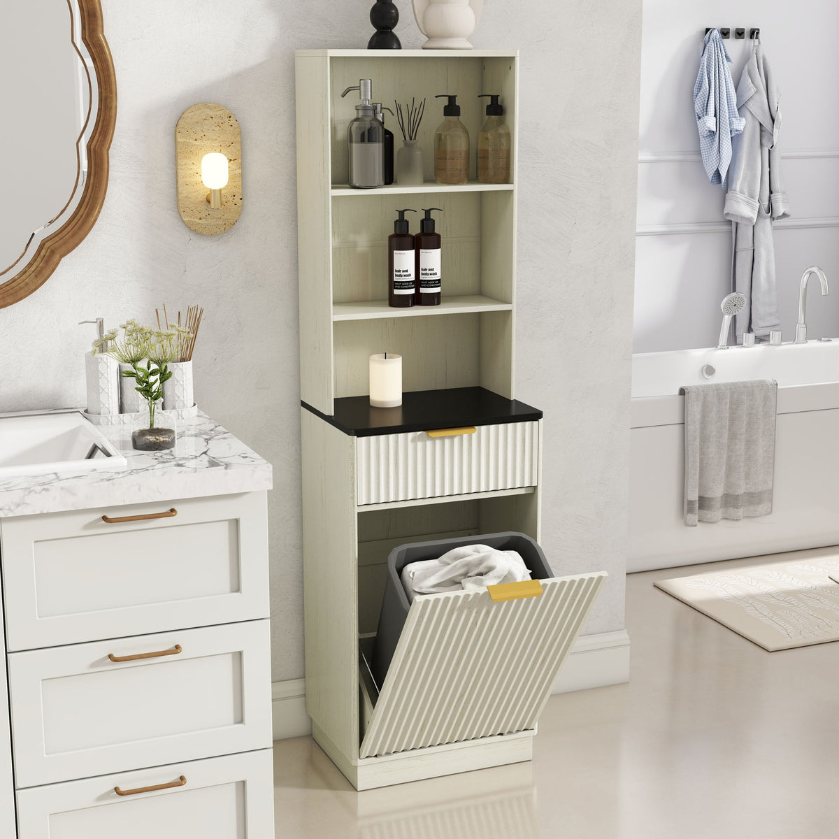 Tall Narrow Fluted Storage Cabinet With Trash Bin Compartment For Kitchen (Trash Can Not Included)