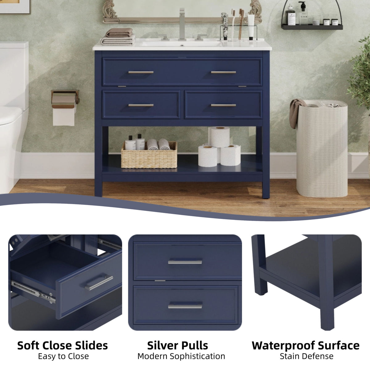Bathroom Vanity With Ceramic Sink, Tip Out Tray & 2 Full Extension Drawers