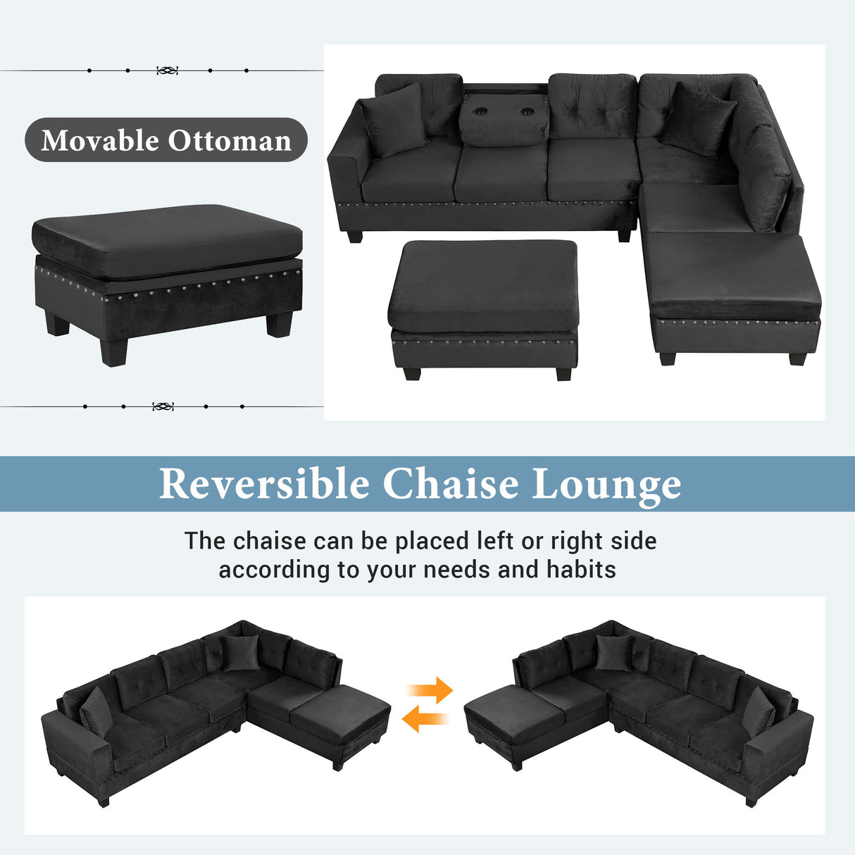 Modern Sectional Sofa With Storage Ottoman, L - Shape Couch With 2 Pillows And Cup Holders