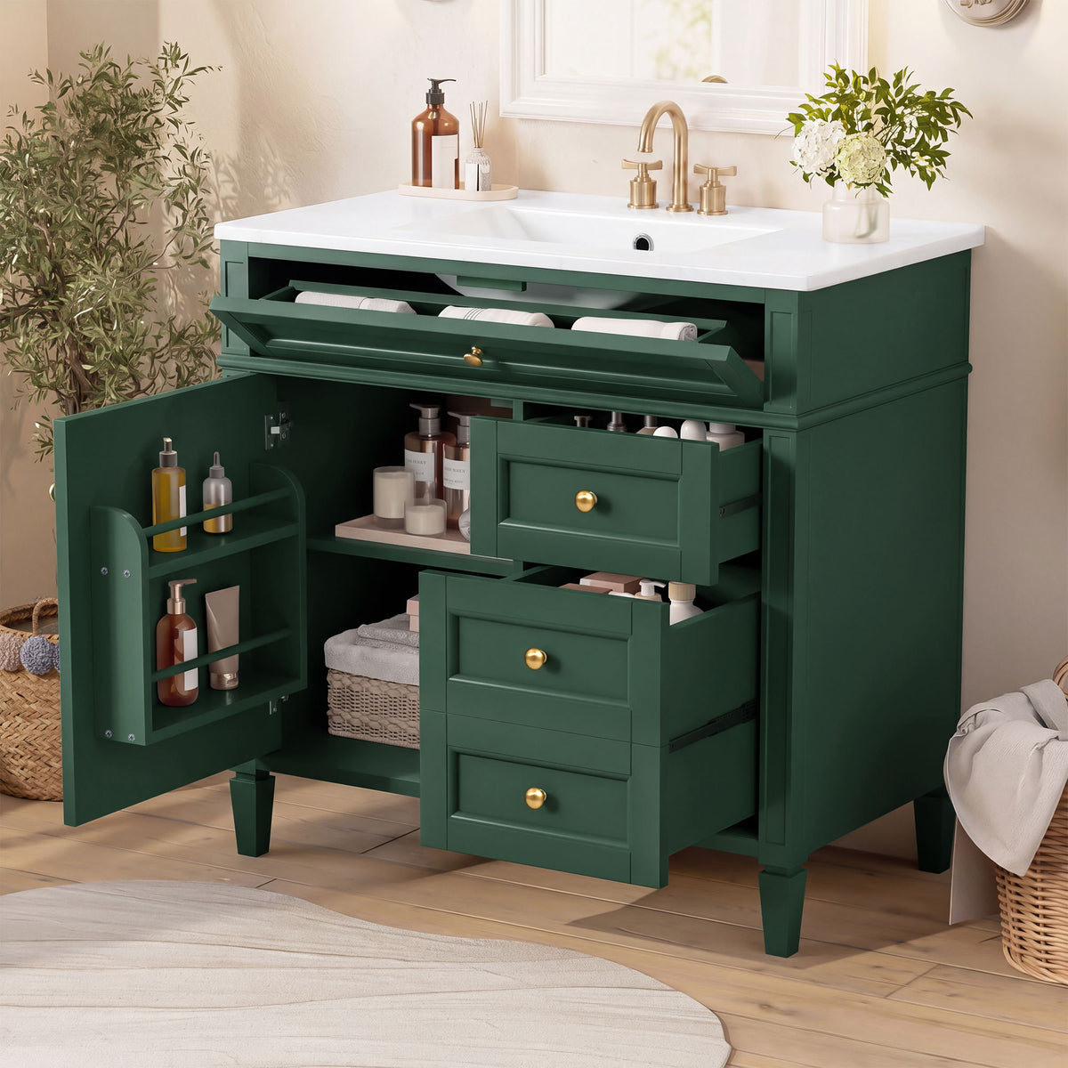 Bathroom Vanity With Sink, Rectangular Storage Cabinet & 2 Drawers And Tip Out Drawer