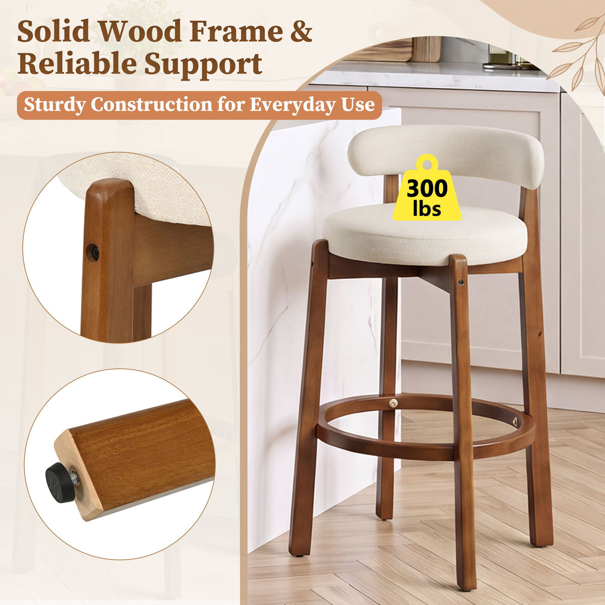 Bar Stool With Curved Backrest, Rounded Edges, And Footrest (Set of 2) - Beige / Walnut