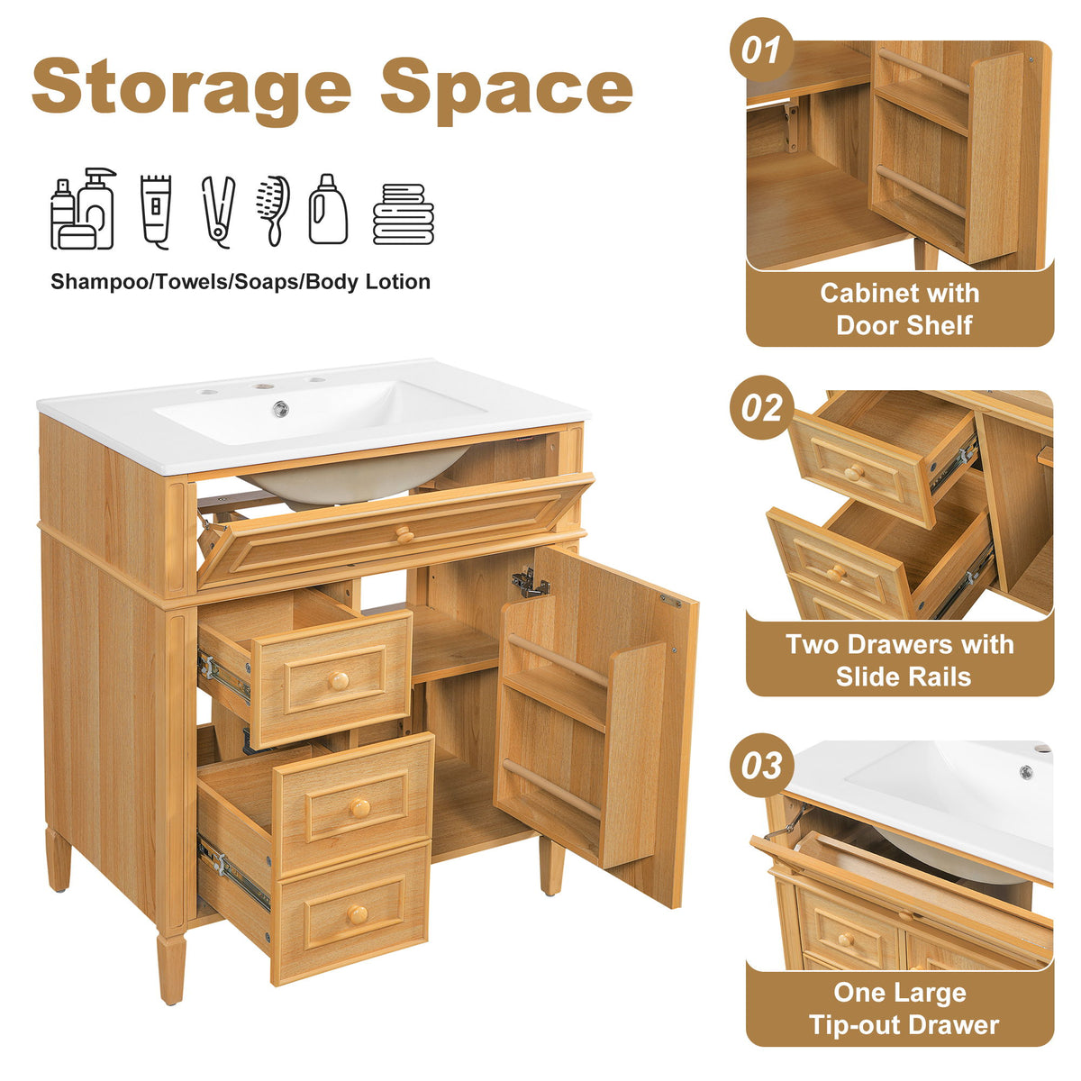 Bathroom Vanity With Flip Out Drawer, 2 Soft-Close Drawers