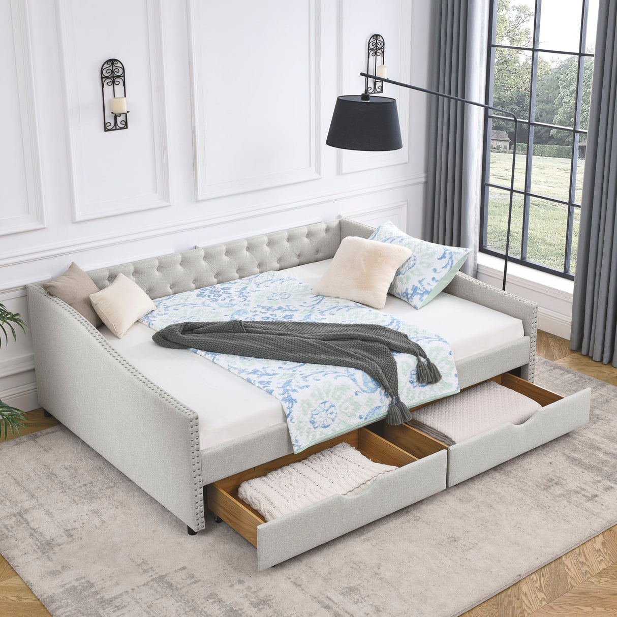 Upholstered Tufted Daybed With 2 Drawers, Waved Arms