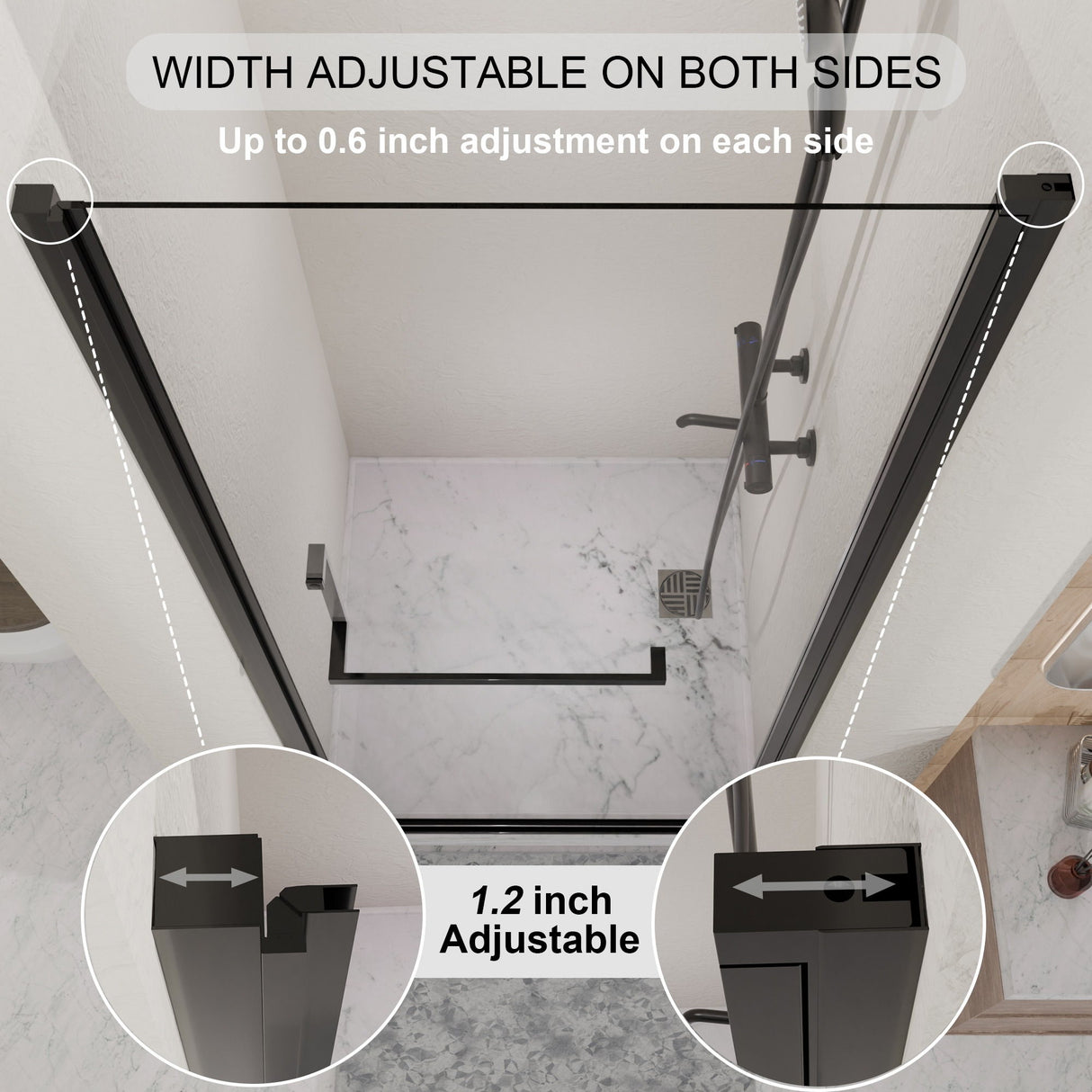 Semi-Frameless Pivot Shower Door With Adjustable Width, Reversible Installation